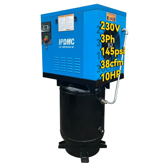 HPDMC 10HP Rotary Screw Air Compressor, 208 - 230V 3 - Phase, 38 CFM @ 145 PSI, ASME 60 - Gallon Vertical Tank, Industrial Air Pump for Workshop