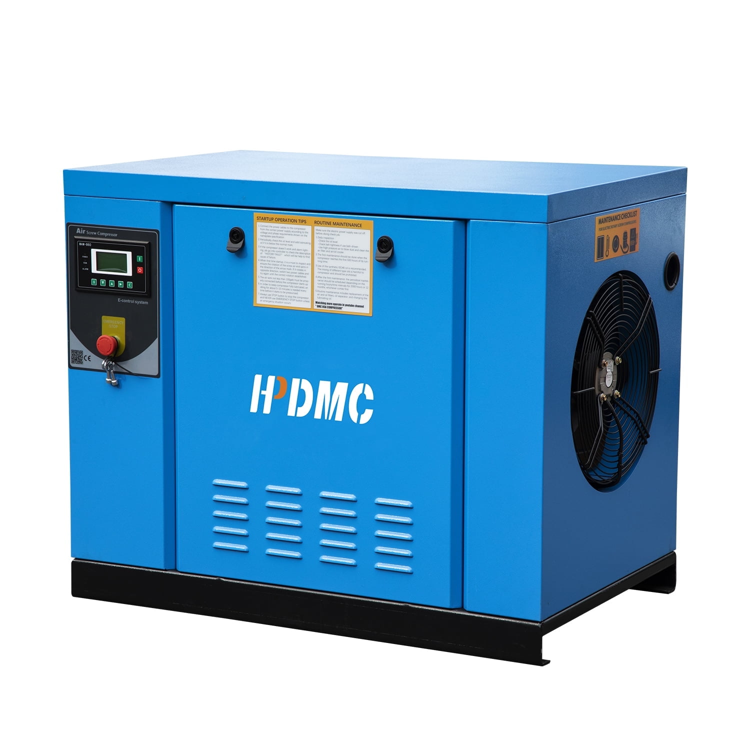 HPDMC 10HP Rotary Screw Air Compressor, 230V 3-Phase, 35 CFM @ 125 PSI, Industrial Oil-Lubricated Air Pump with PLC Control Panel, Horizontal Oil Tank & Emergency Stop, ASME Certified