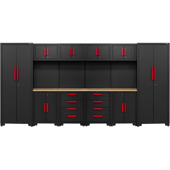 HPDMC 12-Piece Garage Storage Cabinet System - Heavy Duty Steel Workshop Organizer with Corner Cabinet, Workbench, & Pegboard for Tool Organization - Black & Red