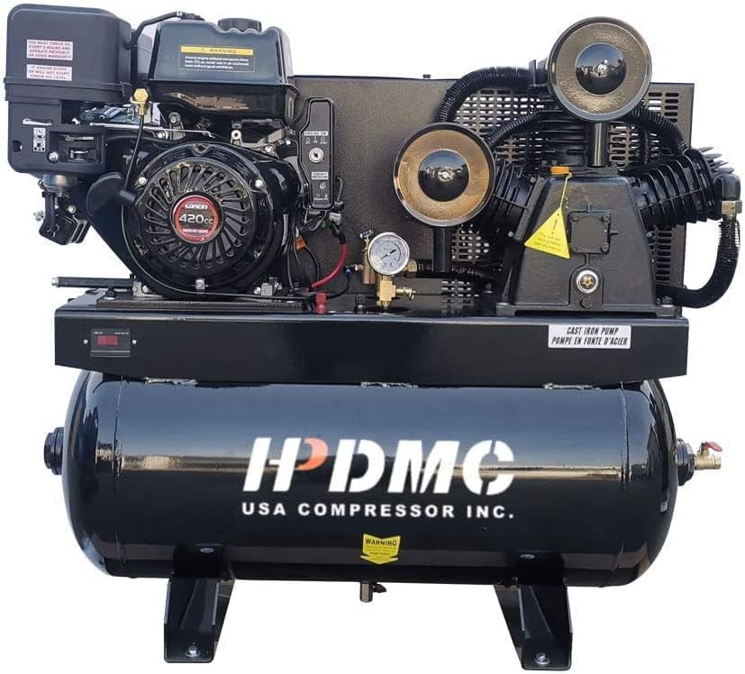 HPDMC 13HP Gas Powered Air Compressor - 24CFM 180PSI 3-Cylinder Piston Pump - 30 Gal ASME Tank - Electric Start Gas Air Compressor for Truck Repair, Construction & Workshop - Heavy Duty Portable
