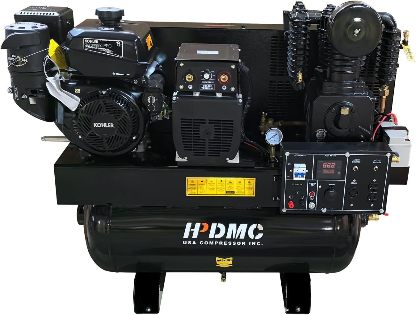 HPDMC 14HP 3-in-1 Gas Powered Air Compressor (30 Gal ASME Tank), 200A Welder & 6000W Generator - 180 PSI Two-Stage Piston Compressor with Electric Start - Truck Mount Portable Power Unit
