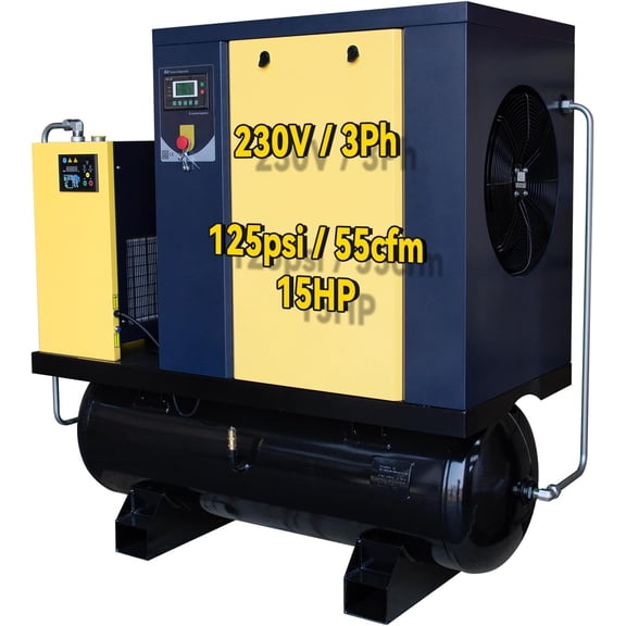 HPDMC 15HP Rotary Screw Air Compressor with 80 Gallon ASME Tank and Air Dryer, PACK11-TA 230V 3-Phase Heavy Duty All-in-One Air Compressed System, 55 CFM, 125 PSI