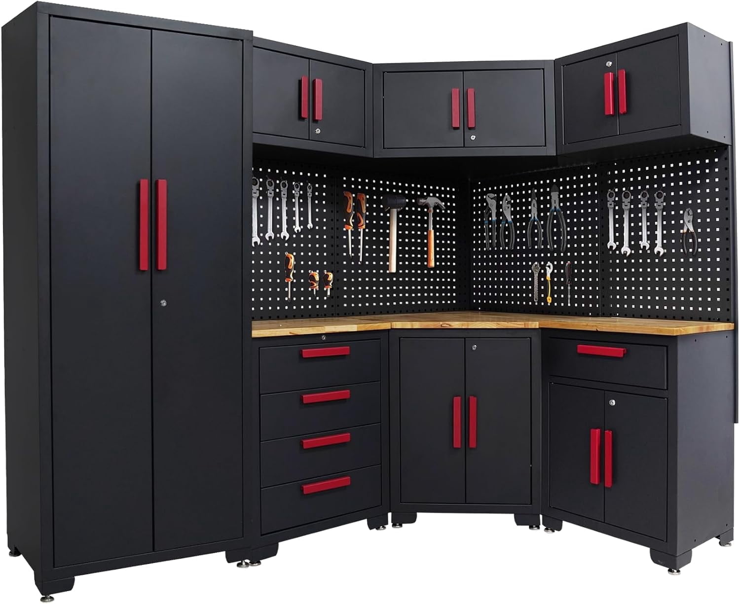 HPDMC 16PCS Corner Garage Storage Cabinet System - Heavy Duty Workshop Set w/Corner Cabinet Includes Workbench, Pegboard & Lockable Drawers | Metal Tool Organization System for Garage/Workshop