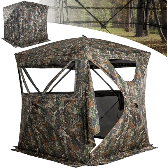 HPDMC 2-3 Person Hunting Blind, 270° One-Way See-Through Mesh Ground Blind, Portable Pop-Up Stealth Deer Blind with Silent Windows & Carry Bag for Deer & Turkey Hunting (58" x 58" x 66")