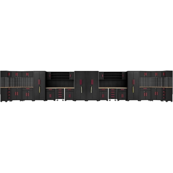 HPDMC 35-Piece Garage Storage Cabinet System - Heavy Duty Steel Workshop Organizer with Corner Cabinet, Workbench & Pegboard - Black & Red