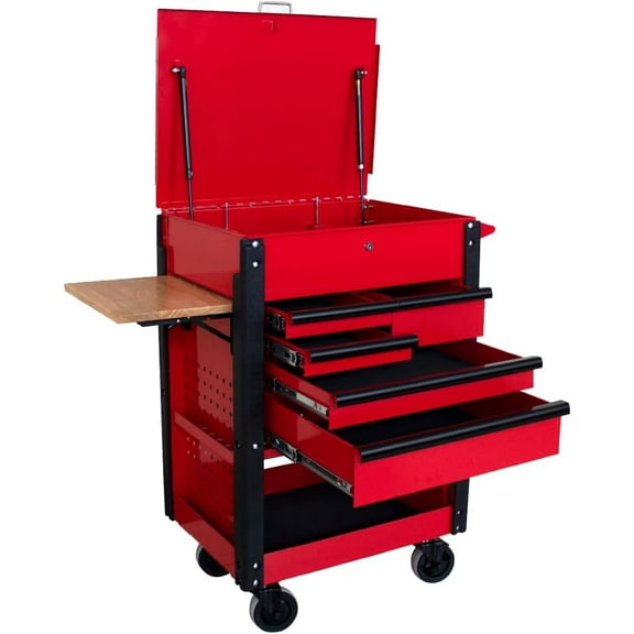 HPDMC 5-Drawer Rolling Tool Cart - Heavy Duty Mobile Tool Cabinet with Steel Workbench Top & Wooden Folding Side Table - 500 lbs Capacity Mechanic Tool Trolley with Locking Casters