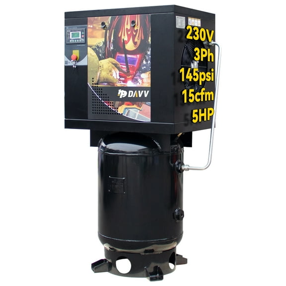 HPDMC 5HP Rotary Screw Air Compressor, 208-230V 3-Phase, 15 CFM @ 145 PSI, Industrial Oil-Lubricated Air Pump with ASME 60-Gallon Vertical Tank, Intelligent Controls & Sound-Reducing Design