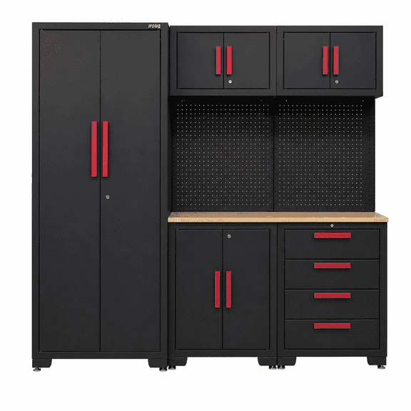 HPDMC 6-Piece Garage Storage Cabinet System, Steel Workshop Set with Workbenches, Pegboards, Lockers & Rolling Tool Cabinets