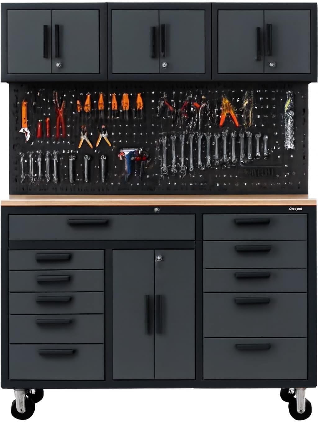 HPDMC 72in Rolling Tool Chest Cabinet Mobile Garage Workbench Heavy-Duty Tool Cabinet on Wheels with 11 Drawers, 2-Door Cabinet, 3 Top Cabinet, Pegboard & Power Strip for Tool Organization