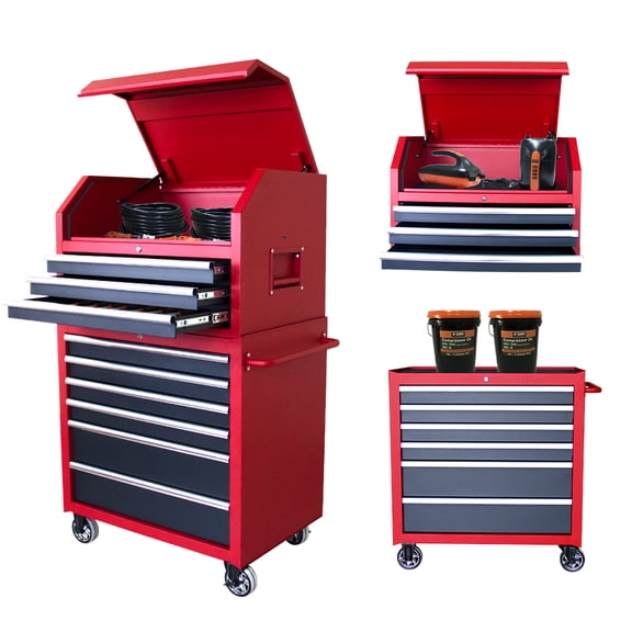HPDMC 9-Drawer Rolling Tool Chest and Cabinet Combo, 36.4 x 27.1 x 61.7 in, Detachable Top Box, Red and Black
