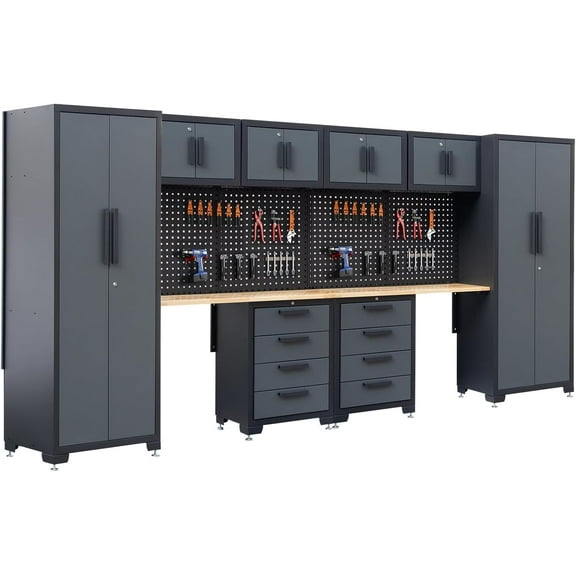 HPDMC Garage Storage Cabinet System - 2×7-Pc Heavy Duty Workshop Set w/ Steel Cabinets, 47.2" Workbenches, Drawers & Pegboard | Double Tool Organization System for Garage/Workshop