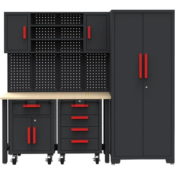 HPDMC Garage Storage Cabinet System 6-Pcs: Workshop Set with Pegboard & Rubber Wood Worktop Steel Cabinet Drawers, Rolling Chest for Tool Organization