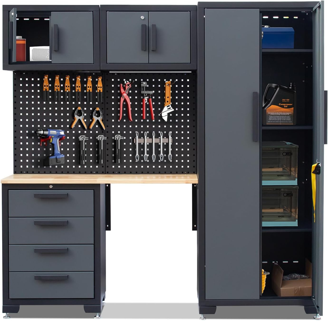 HPDMC Garage Storage Cabinet System 7-Pcs Workshop Set Metal Garage Cabinets System with Steel Cabinet Drawers, Workbench, Pegboard for Garage Tool Organization
