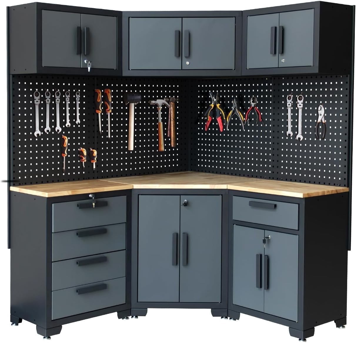 HPDMC Garage Storage Cabinet System 8-Pcs Garage Cabinets and Storage System Corner Workshop Set with Corner Cabinet, Cabinet Drawers, Workbench, Pegboard for Tool Organization, Black and Grey