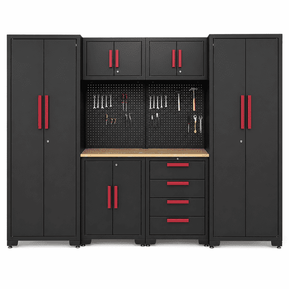 HPDMC Garage Storage Cabinet System, 8-Piece Locking Garage Cabinet Set with Tall Cabinets, 4-Drawer Tool Cabinet, Workbench and Pegboard, Black/Red