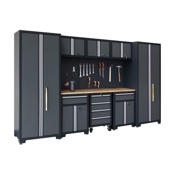 HPDMC Garage Storage Cabinet System 9-Pcs Workshop Set Metal Garage Cabinets and Storage System with Steel Cabinet Drawers, Rolling Chest, Workbench, Pegboard for Garage Tool Organization