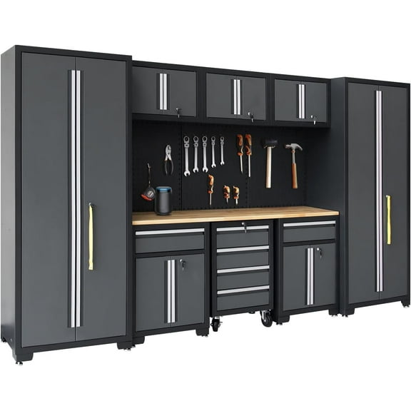 HPDMC Garage Storage Cabinet System 9-Pcs Workshop Set Metal Garage Cabinets and Storage System with Steel Cabinet Drawers, Rolling Chest, Workbench, Pegboard for Garage Tool Organization