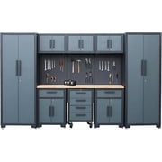 HPDMC Garage Storage Cabinet System - 9PC Black Steel Workshop Set w/ Lockable Cabinets, 2 Lockers, 2 Wall Cabinets, Rolling Chests, Pegboard, 71 Workbench