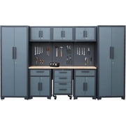 HPDMC Garage Storage Cabinet System - 9PC Black Steel Workshop Set w/ Lockable Cabinets, 2 Lockers, 2 Wall Cabinets, Rolling Chests, Pegboard, 71 Workbench
