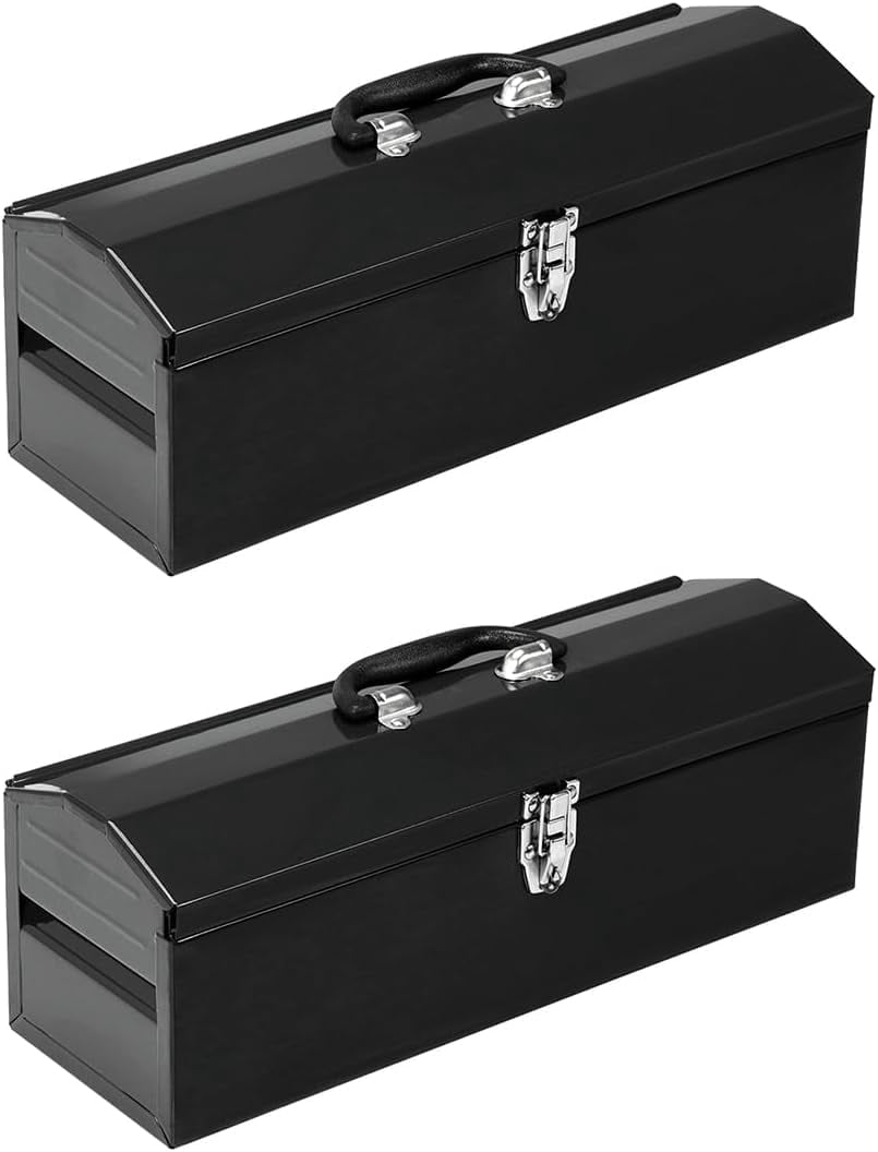 HPDMC Metal Tool Box Set of 2 - 19" Heavy Duty Steel Toolbox with Metal Latch - Portable Hip Roof Style Mechanic Tool Boxes for Car, Truck, Tractor & Home - Black