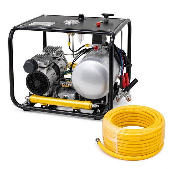 HPDMC Oil-Free Hookah Dive Air Compressor System 12V 550W, 10L Stainless Steel Tank with 50ft Hose & Regulator for Snorkeling, Boat Cleaning and Lobstering