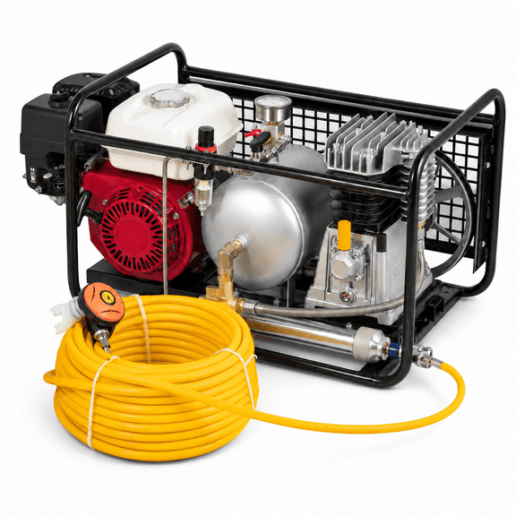 HPDMC Portable Gas Air Compressor for Diving, 5.5HP Outdoor Hookah System with 50ft Hose, 8 Bar 8CFM for Marine & Aquaculture Use