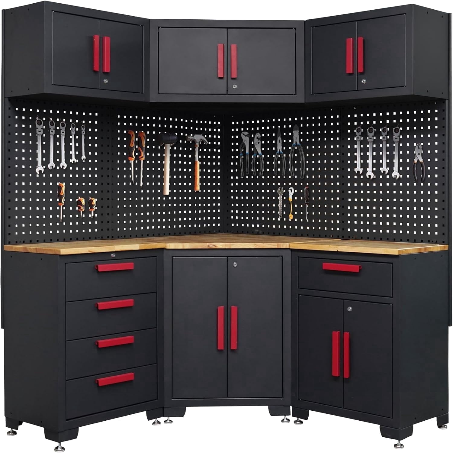 HPDMC Red Garage Cabinet Storage System 10-Pcs Corner Workshop Set Garage Cabinet and Storage System for Tool Organization