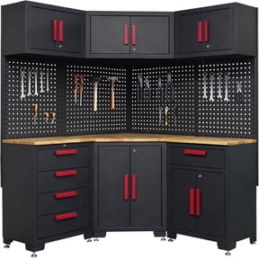 HPDMC Red Garage Cabinet Storage System 10-Pcs Corner Workshop Set Garage Cabinet and Storage System for Tool Organization