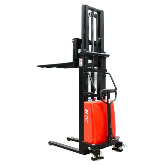 HPDMC Semi-Electric Pallet Stacker, 3300lbs, 98" Lifting Height Wakie Stacker, Fixed Legs Material Lift with Adjustable Forks