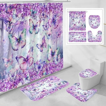 HPINK-T 4 Pcs Purple Floral Butterfly Shower Curtain Set with Non-Slip Rugs, Modern Toilet Lid Cover and Bath Mat, Elegant Bathroom Decor Set with Shower Curtain and Rugs(Hooks Not Included)
