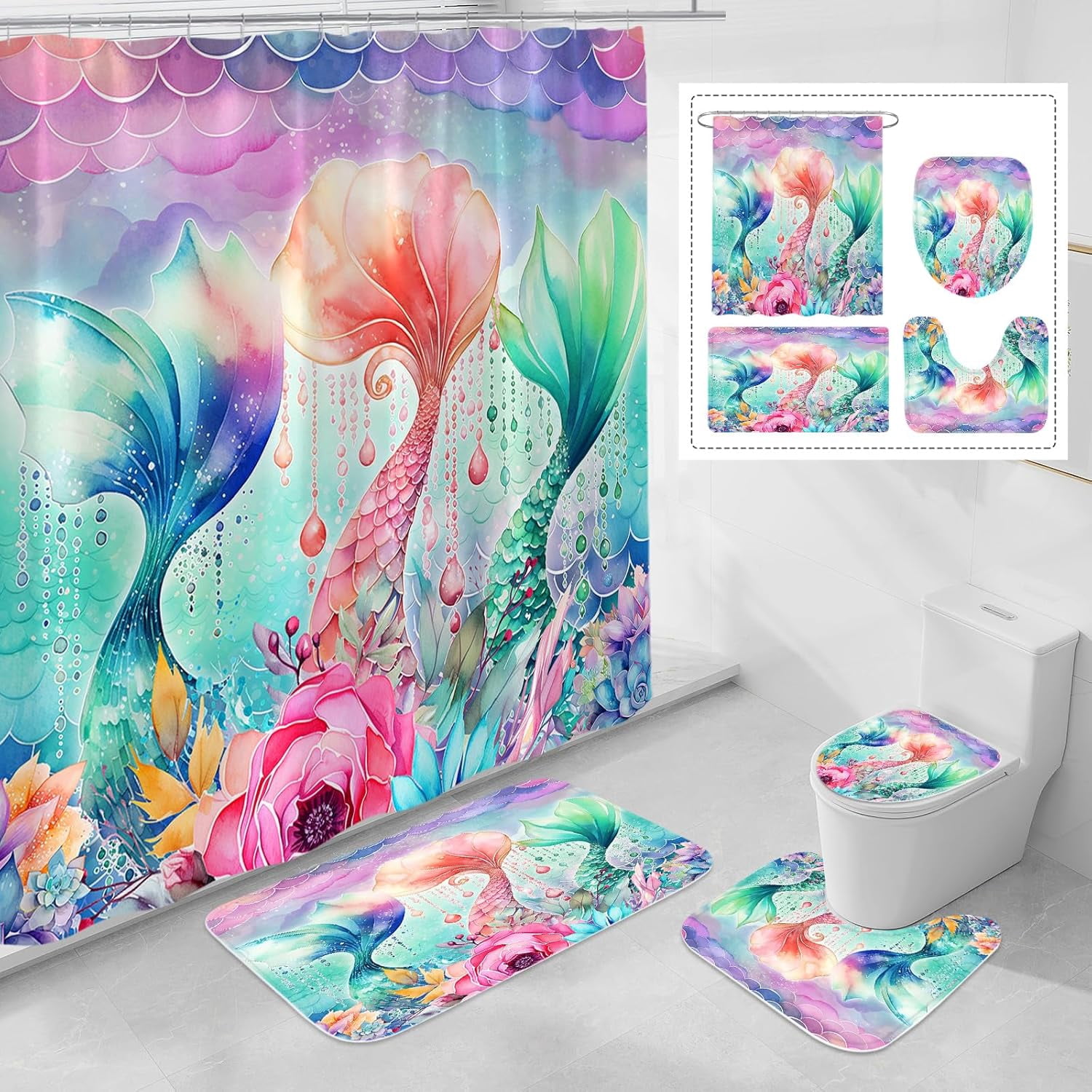 HPINK-T 4 Pcs Summer Sea Mermaid Shower Curtain Set with Non-Slip Rugs ...