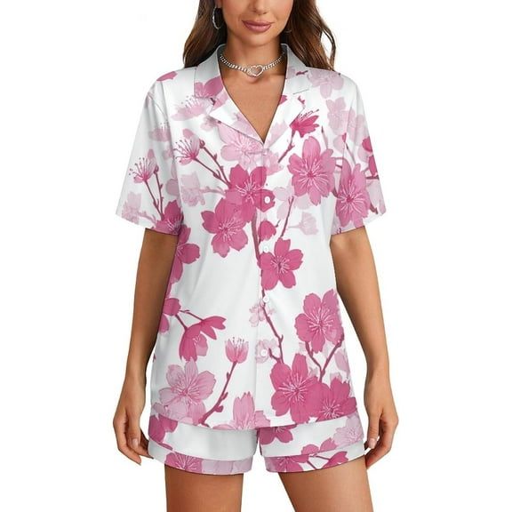 HPINK-T Blossoms Floral Pink Womens Pajamas Shorts Set 2-pcs Pj Button Down Summer Short Sleeve Sets