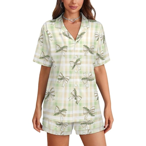 HPINK-T Bow Pattern Checkered Womens Pajamas Shorts Set 2-pcs Pj Button Down Summer Short Sleeve Sets