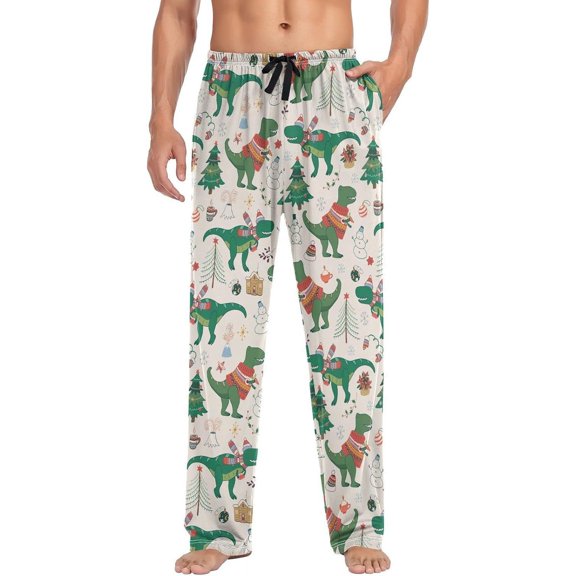HPINK-T Christmas New Year Dinosaur Men's Christmas Pajama Pants Super Soft Straight-Fit Lightweight Pajama Bottoms with Pockets Drawstring