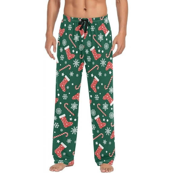 HPINK-T Christmas Snowflake Green Mens Sleep Pajama Pants Set Bottoms Christmas Stocking Socks Fleece Lounge Sleepwear PJs S