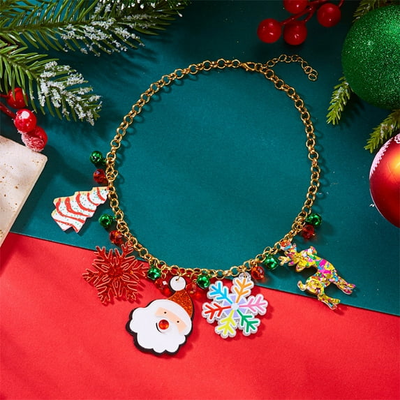HPINK-T Colorful Christmas Necklace for Women Trendy Christmas Jewelry Chunky Xmas Ugly Sweater Candy Cane Charms Necklace