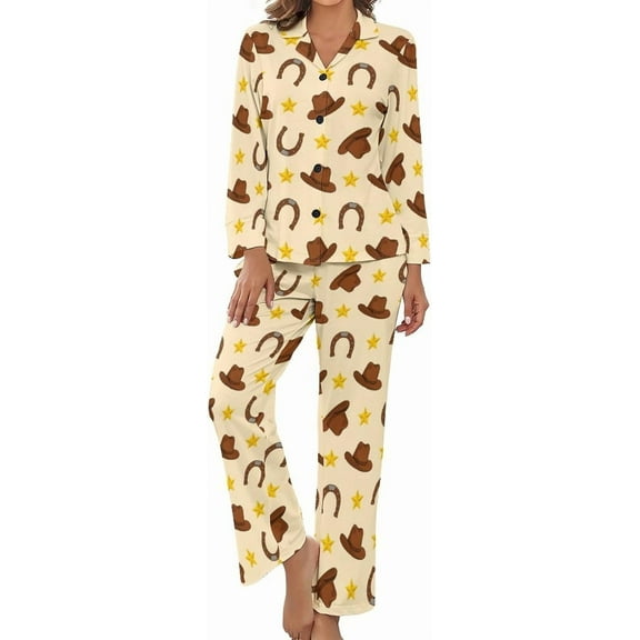 HPINK-T Cowboy Hats Horseshoes Star Women's Long-Sleeve Shirt And Full-Length Bottom Pajama Set