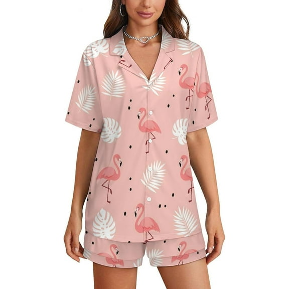 HPINK-T Flamingo Leaves Womens Pajamas Shorts Set 2-pcs Pj Button Down Summer Short Sleeve Sets