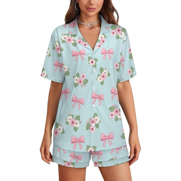 HPINK-T Floral Pattern Bows Womens Pajamas Shorts Set 2-pcs Pj Button Down Summer Short Sleeve Sets