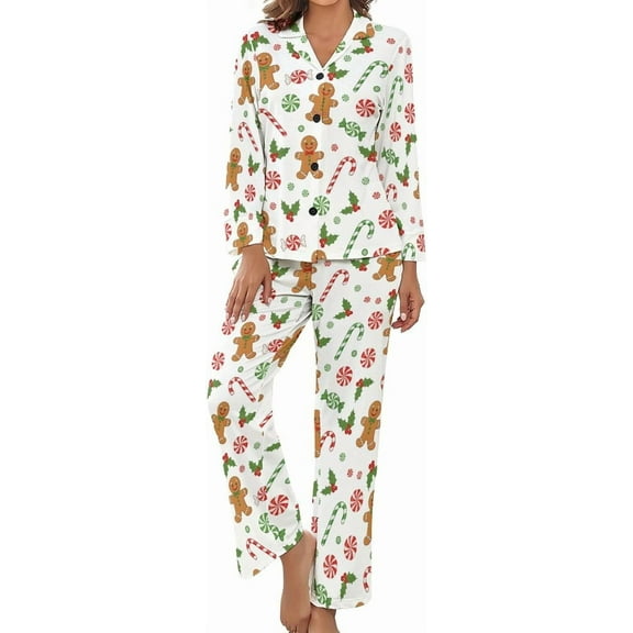 HPINK-T Gingerbread Candy Pattern Women's Long-Sleeve Shirt And Full-Length Bottom Pajama Set