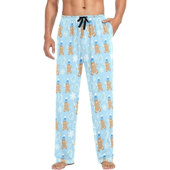 HPINK-T Men's Christmas Gingerbread Snowflake Bell Blue Sleep Pajama Pants,Soft Pajama Bottoms with Pockets