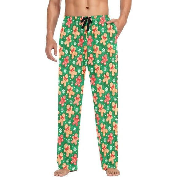 HPINK-T Men's Christmas Gingerbread Snowflake Green Sleep Pajama Pants,Soft Pajama Bottoms with Pockets