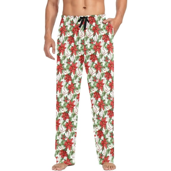 HPINK-T Men's Christmas Poinsettia Sleep Pajama Pant,Soft Pajama Bottoms with Pockets Drawstring