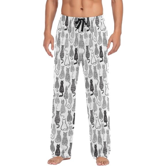 HPINK-T Men's Flannel Pajama Pants Black Cartoon Cat Sleep Lounge PJ Bottoms Sweatpants