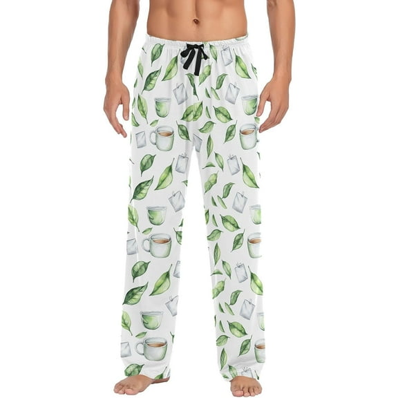 HPINK-T Mens Pajama Pants Green Tea and Cup Men's Pajama Bottoms Sleep Lounge Pj Pants for Men Drawstring Pockets S-XXL