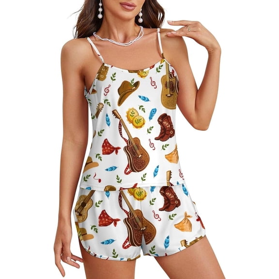 HPINK-T Pajama Sets for Women Country Music Cowboy Hat Sleepwear 2 Piece Cami Shorts Set Pj Soft Sleepwear