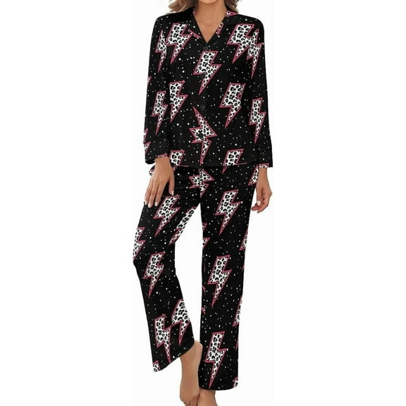 HPINK-T Pajama Sets for Womens Black Lightning Leopard Loose Button Down Long Sleeve Shirts And Pants Set