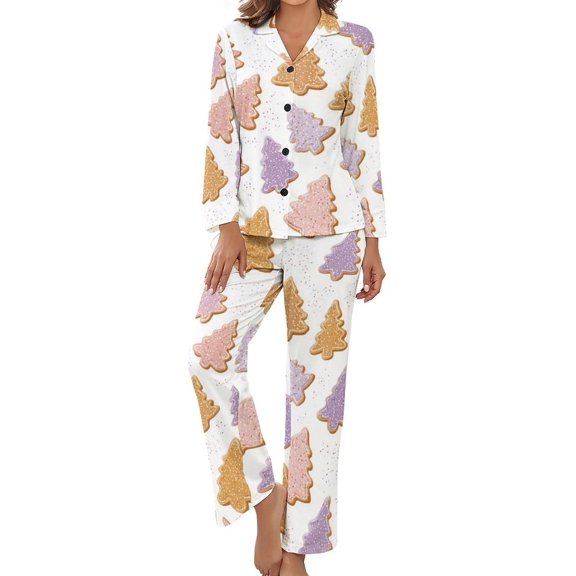 HPINK-T Pajama Sets for Womens Christmas Tree Cookies Loose Button Down Long Sleeve Shirts And Pants Set