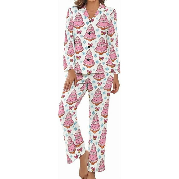 HPINK-T Pajama Sets for Womens Christmas Tree Cupcakes Loose Button Down Long Sleeve Shirts And Pants Set