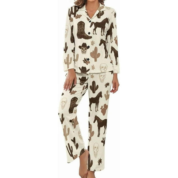 HPINK-T Pajama Sets for Womens Cowboys Riding Horses Loose Button Down Long Sleeve Shirts And Pants Set